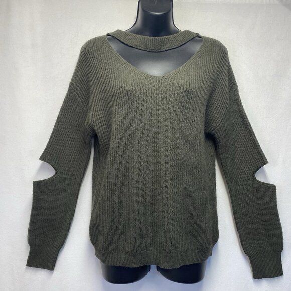 Ruby Moon Ribbed Knit Cut-Out Sleeves & Neck Pullover Sweater Women Small Green - Picture 1 of 14